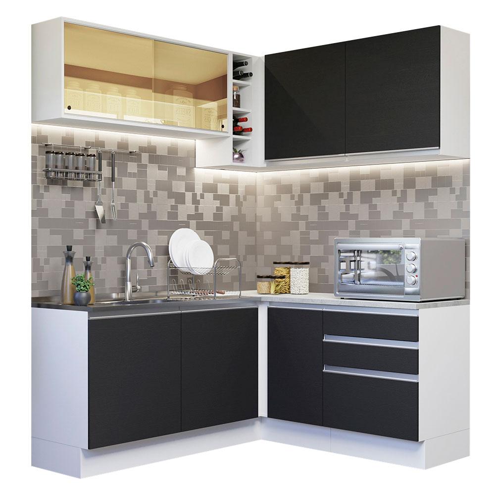 Cozinha Completa de Canto Madesa Glamy 329002 com Armário e Balcão (Sem Tampo e Pia) - Branco/Preto