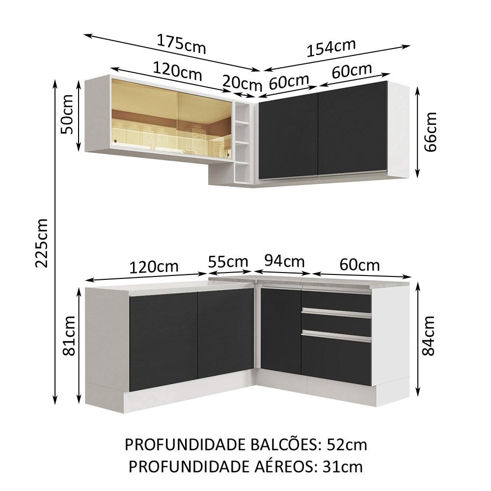 Cozinha Completa de Canto Madesa Glamy 329002 com Armário e Balcão (Sem Tampo e Pia) - Branco/Preto
