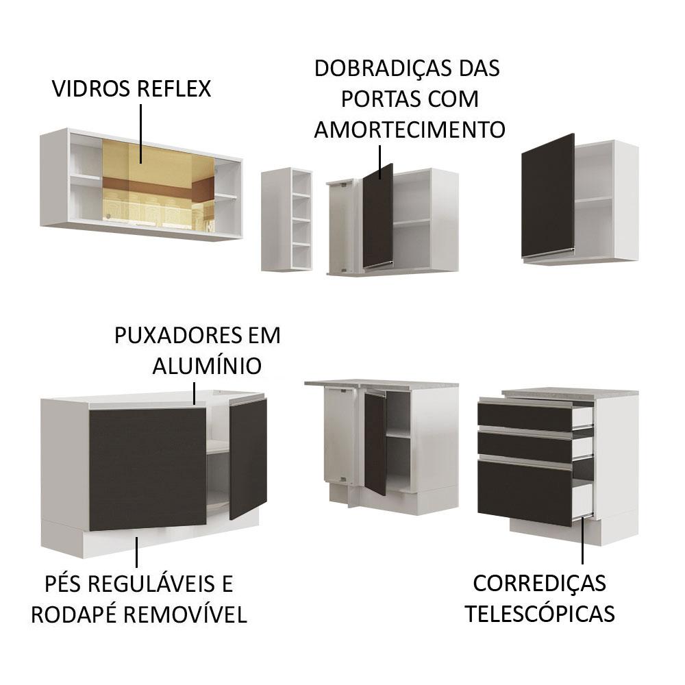 Cozinha Completa de Canto Madesa Glamy 329002 com Armário e Balcão (Sem Tampo e Pia) - Branco/Preto