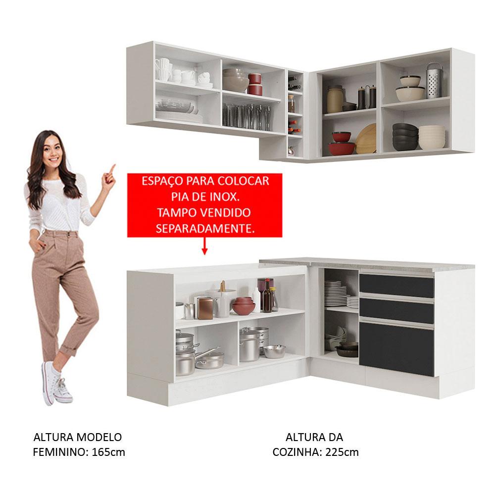 Cozinha Completa de Canto Madesa Glamy 329002 com Armário e Balcão (Sem Tampo e Pia) - Branco/Preto