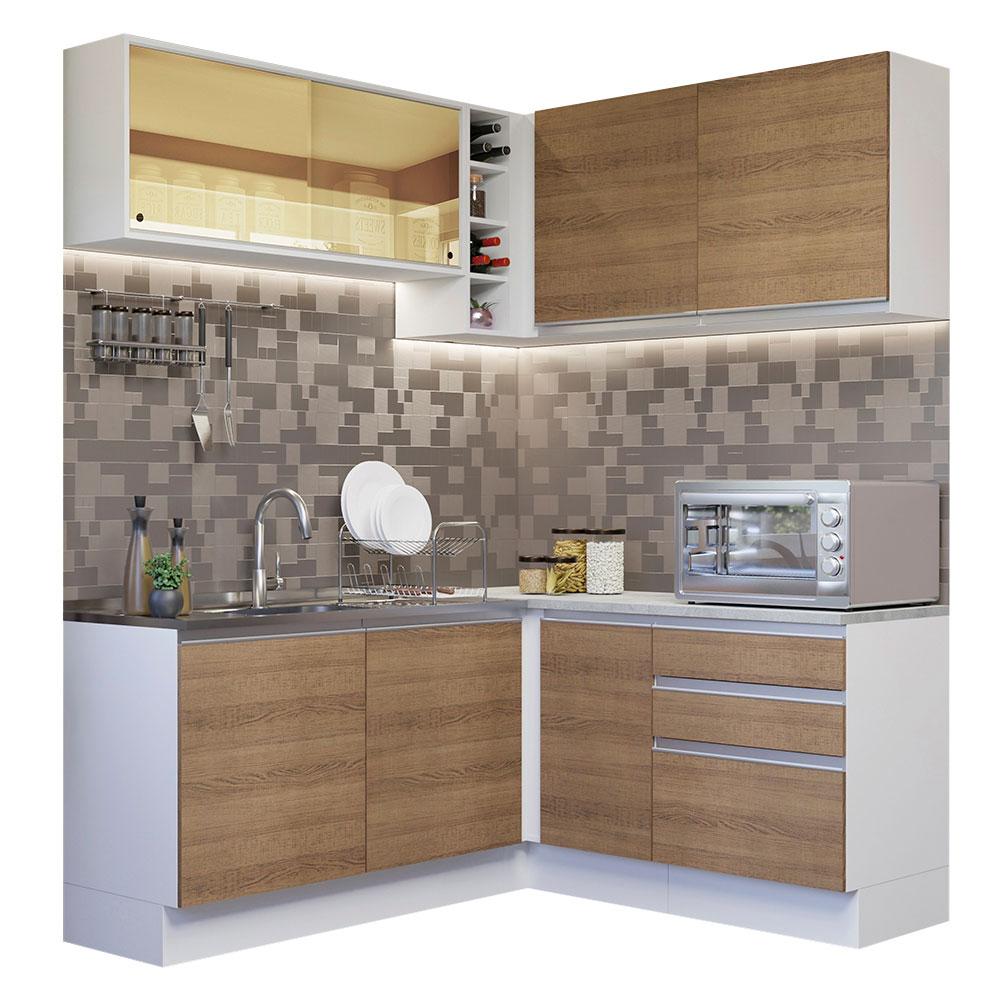 Cozinha Completa de Canto Madesa Glamy 329002 com Armário e Balcão (Sem Tampo e Pia) - Branco/Rustic
