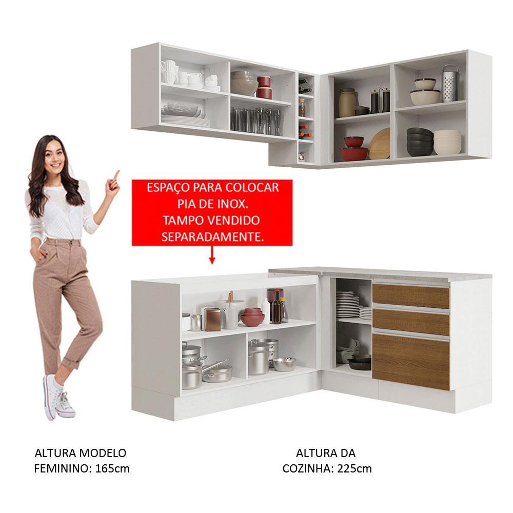 Cozinha Completa de Canto Madesa Glamy 329002 com Armário e Balcão (Sem Tampo e Pia) - Branco/Rustic