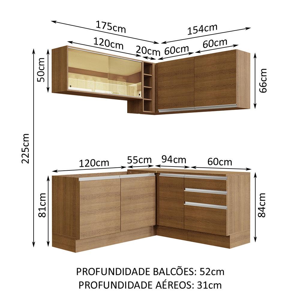 Cozinha Completa de Canto Madesa Glamy 329002 com Armário e Balcão (Sem Tampo e Pia) - Rustic