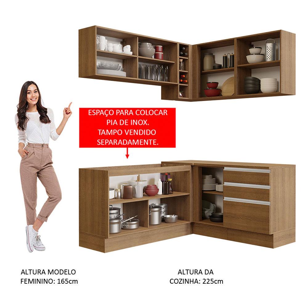 Cozinha Completa de Canto Madesa Glamy 329002 com Armário e Balcão (Sem Tampo e Pia) - Rustic