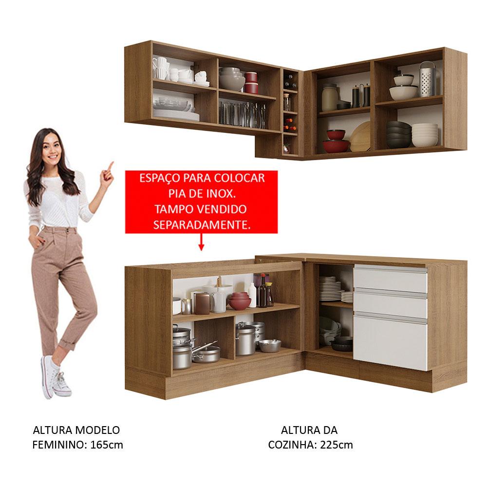 Cozinha Completa de Canto Madesa Glamy 329002 com Armário e Balcão (Sem Tampo e Pia) - Rustic/Branco