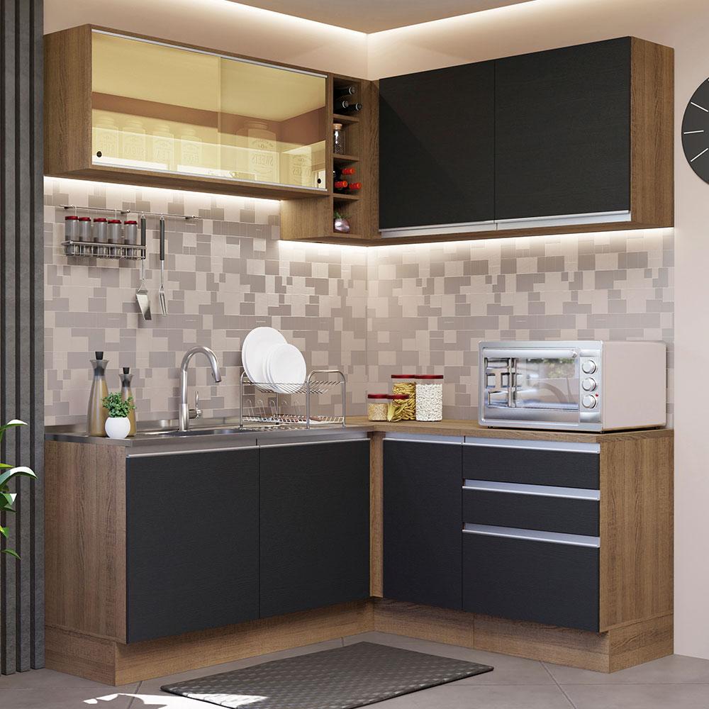 Cozinha Completa de Canto Madesa Glamy 329002 com Armário e Balcão (Sem Tampo e Pia) - Rustic/Preto