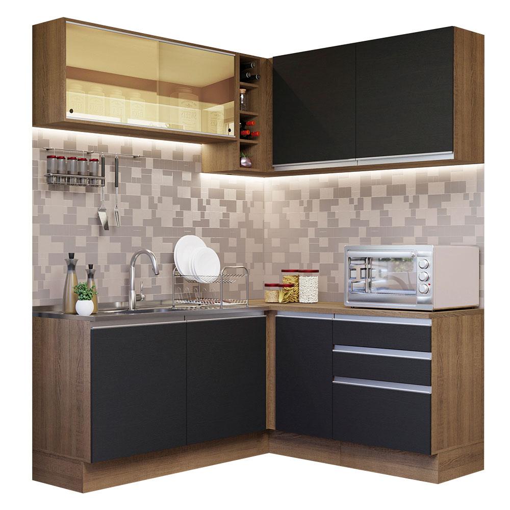 Cozinha Completa de Canto Madesa Glamy 329002 com Armário e Balcão (Sem Tampo e Pia) - Rustic/Preto