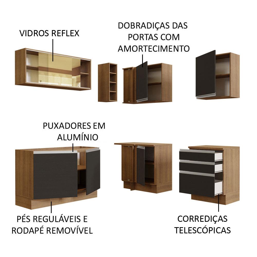 Cozinha Completa de Canto Madesa Glamy 329002 com Armário e Balcão (Sem Tampo e Pia) - Rustic/Preto