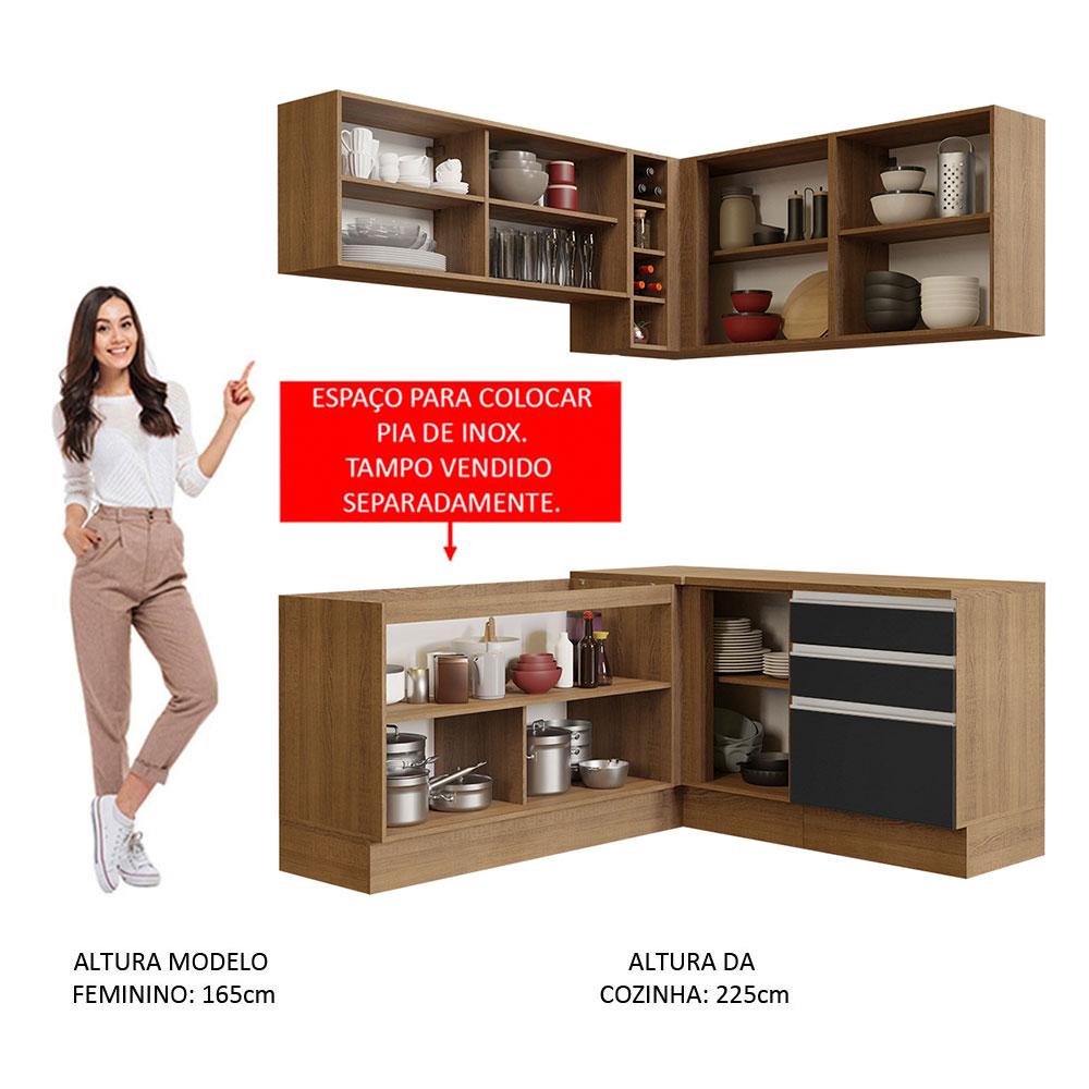 Cozinha Completa de Canto Madesa Glamy 329002 com Armário e Balcão (Sem Tampo e Pia) - Rustic/Preto
