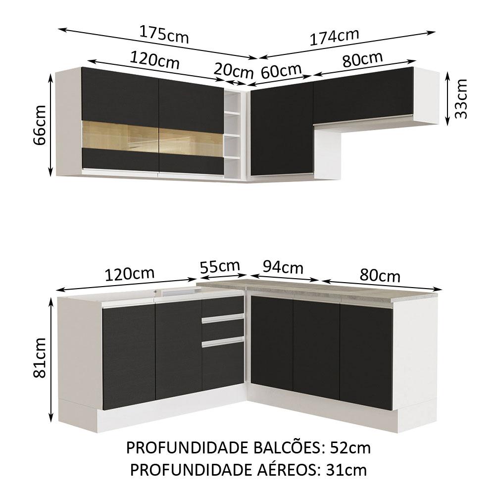 Cozinha Completa de Canto Madesa Glamy 349001 com Armário e Balcão (Sem Tampo e Pia) - Branco/Preto
