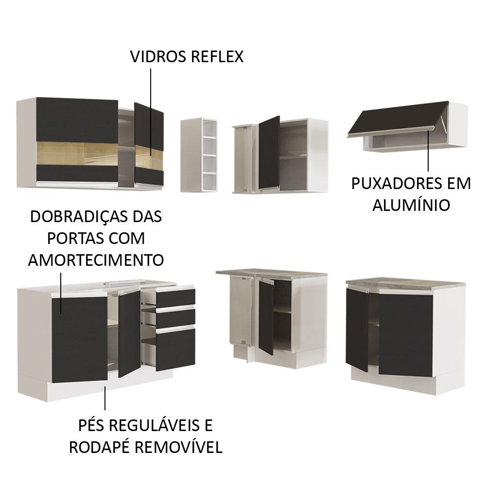 Cozinha Completa de Canto Madesa Glamy 349001 com Armário e Balcão (Sem Tampo e Pia) - Branco/Preto
