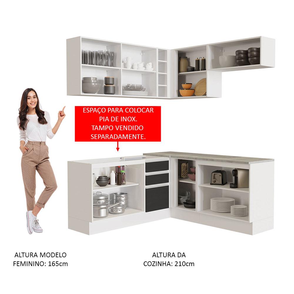 Cozinha Completa de Canto Madesa Glamy 349001 com Armário e Balcão (Sem Tampo e Pia) - Branco/Preto