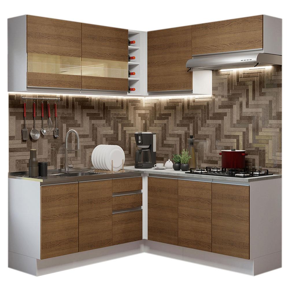 Cozinha Completa de Canto Madesa Glamy 349001 com Armário e Balcão (Sem Tampo e Pia) - Branco/Rustic