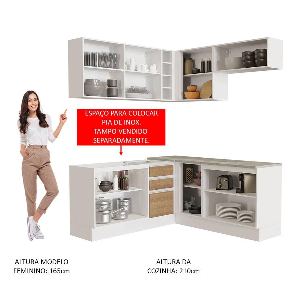 Cozinha Completa de Canto Madesa Glamy 349001 com Armário e Balcão (Sem Tampo e Pia) - Branco/Rustic