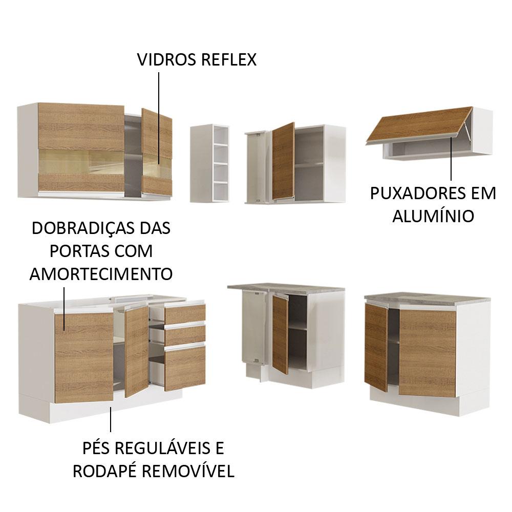 Cozinha Completa de Canto Madesa Glamy 349001 com Armário e Balcão (Sem Tampo e Pia) - Branco/Rustic