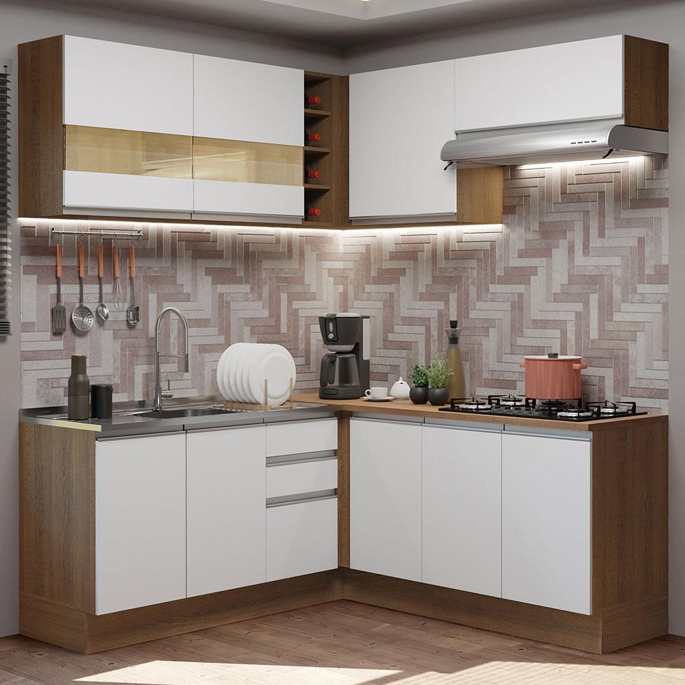 Cozinha Completa de Canto Madesa Glamy 349001 com Armário e Balcão (Sem Tampo e Pia) - Rustic/Branco