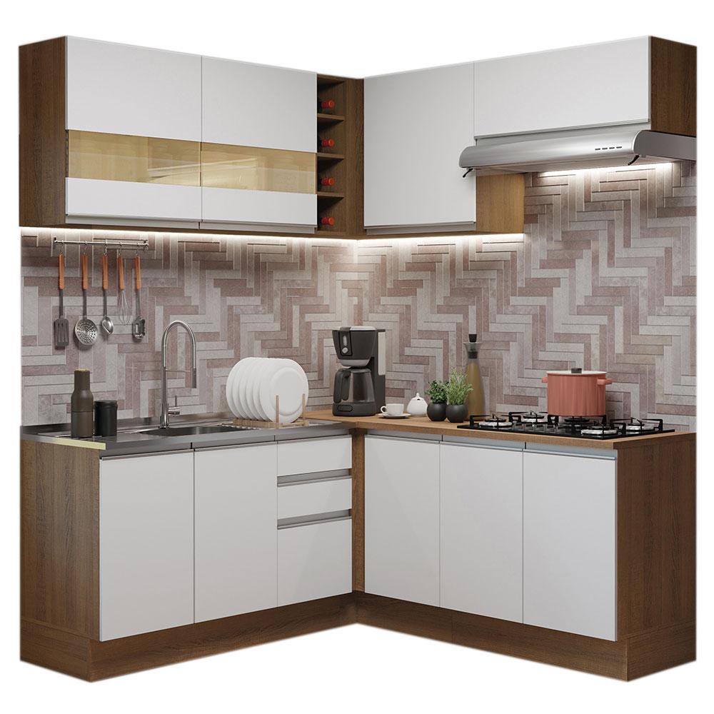 Cozinha Completa de Canto Madesa Glamy 349001 com Armário e Balcão (Sem Tampo e Pia) - Rustic/Branco