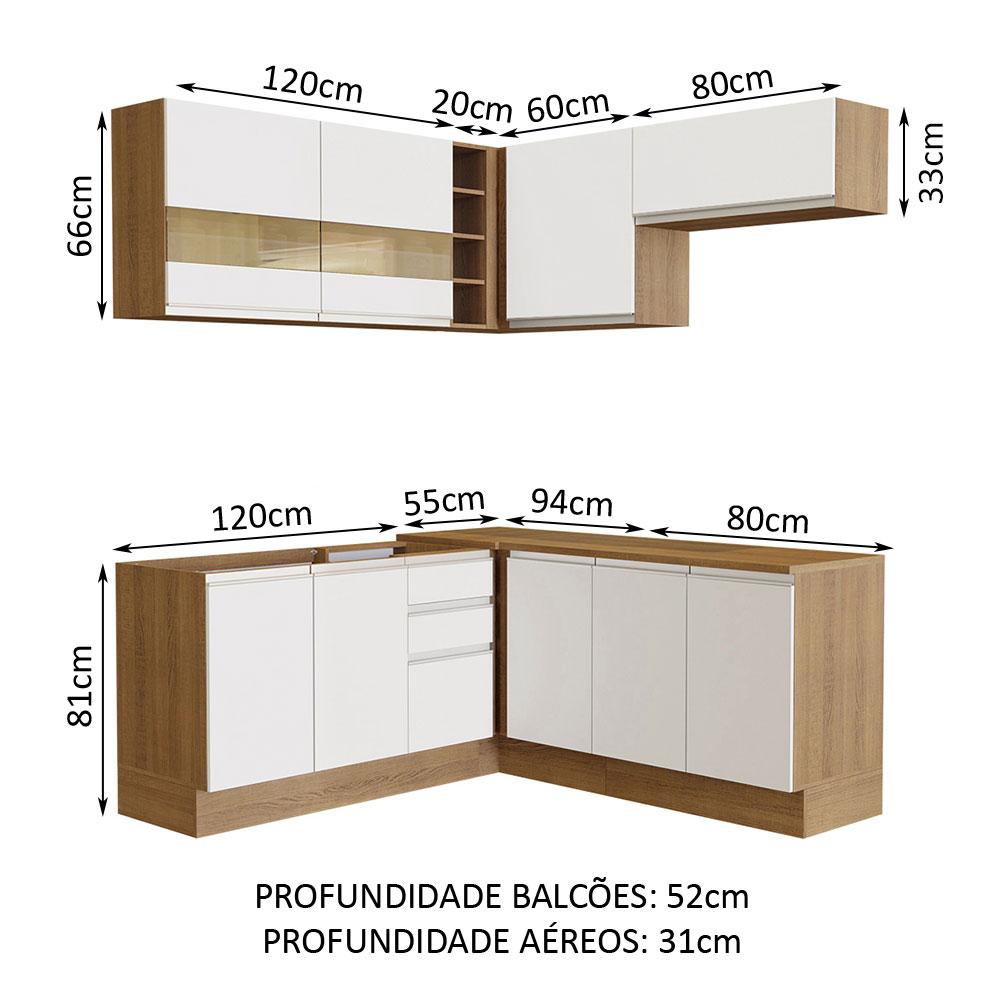 Cozinha Completa de Canto Madesa Glamy 349001 com Armário e Balcão (Sem Tampo e Pia) - Rustic/Branco