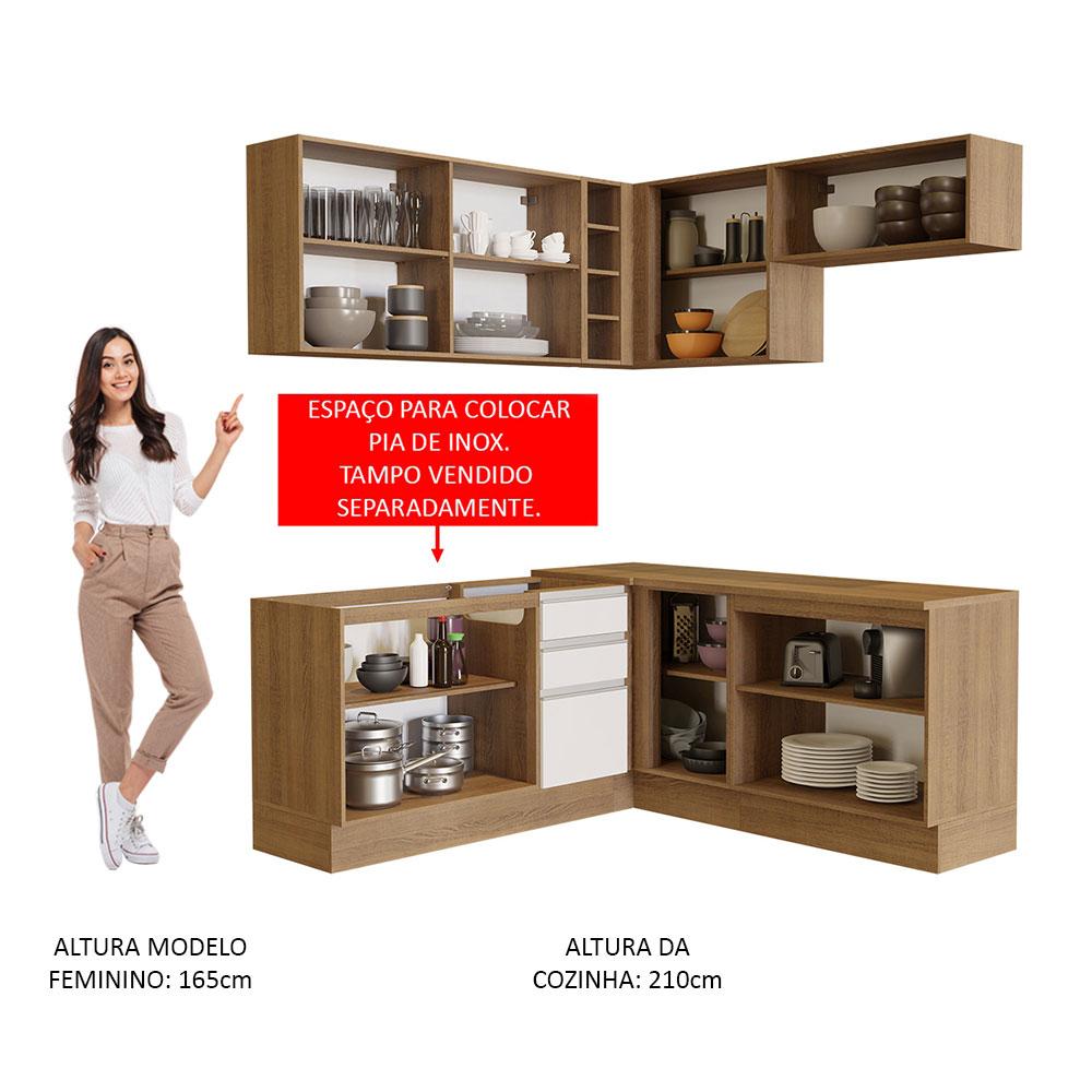 Cozinha Completa de Canto Madesa Glamy 349001 com Armário e Balcão (Sem Tampo e Pia) - Rustic/Branco