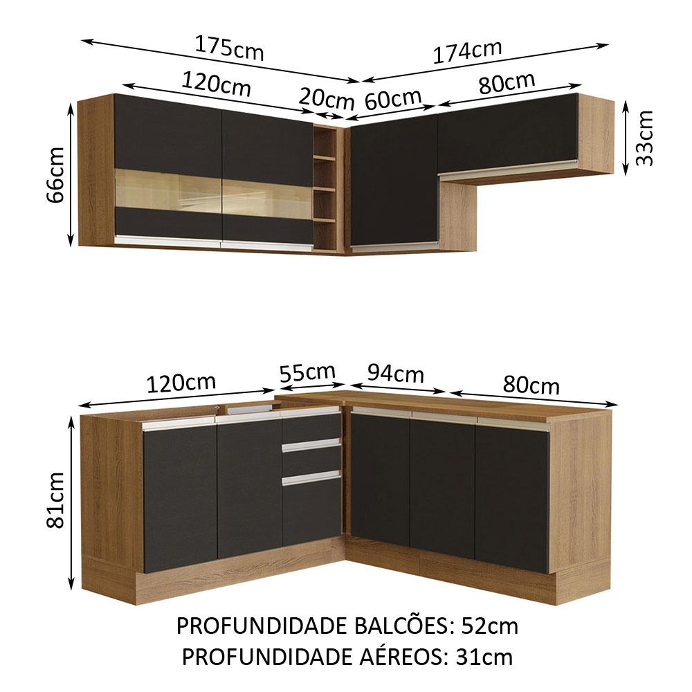 Cozinha Completa de Canto Madesa Glamy 349001 com Armário e Balcão (Sem Tampo e Pia) - Rustic/Preto
