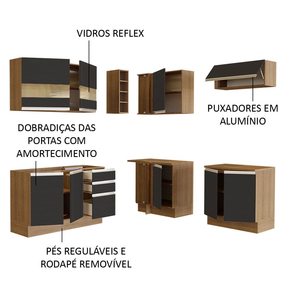 Cozinha Completa de Canto Madesa Glamy 349001 com Armário e Balcão (Sem Tampo e Pia) - Rustic/Preto