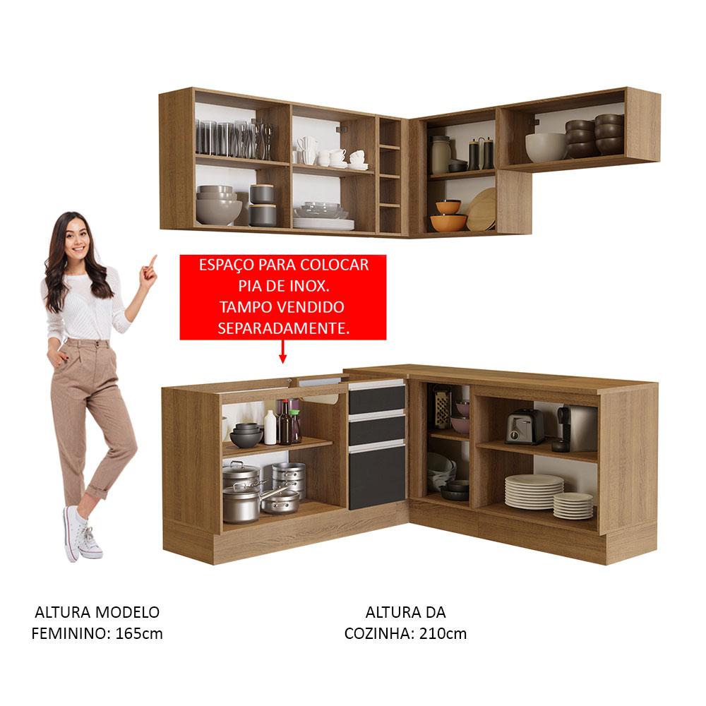 Cozinha Completa de Canto Madesa Glamy 349001 com Armário e Balcão (Sem Tampo e Pia) - Rustic/Preto