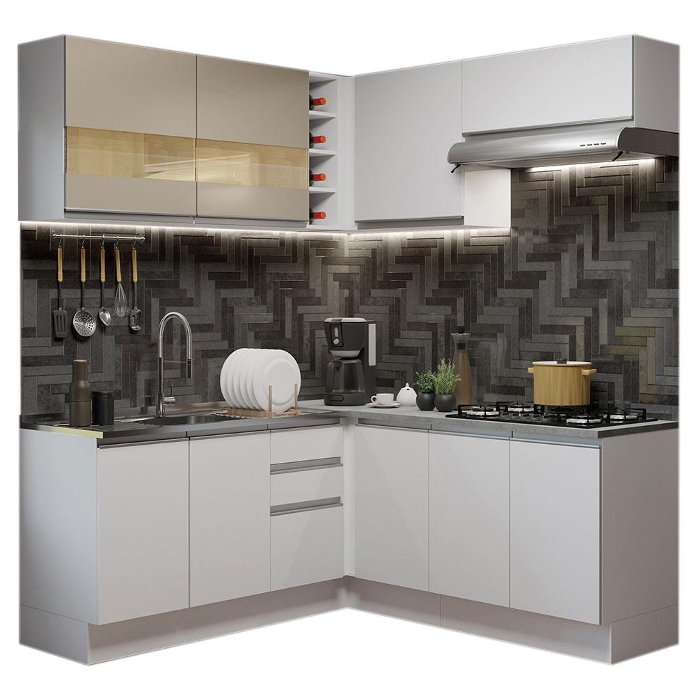 Cozinha Completa de Canto Madesa Glamy 349001 com Armário e Balcão (Sem Tampo) - Branco/Branco/Crema