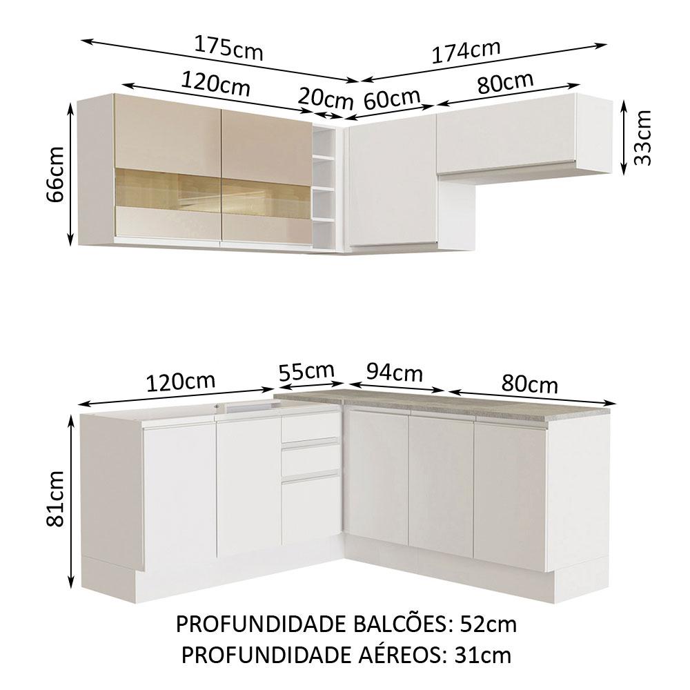 Cozinha Completa de Canto Madesa Glamy 349001 com Armário e Balcão (Sem Tampo) - Branco/Branco/Crema