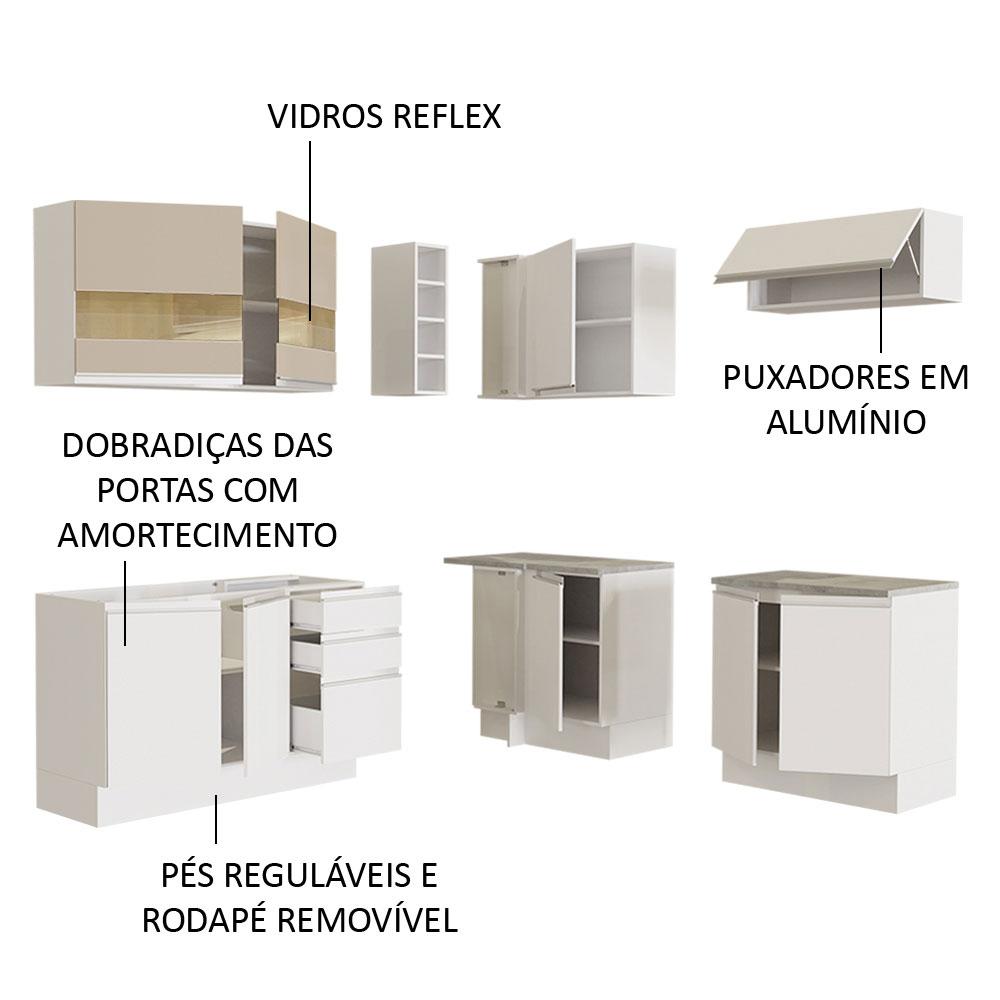 Cozinha Completa de Canto Madesa Glamy 349001 com Armário e Balcão (Sem Tampo) - Branco/Branco/Crema
