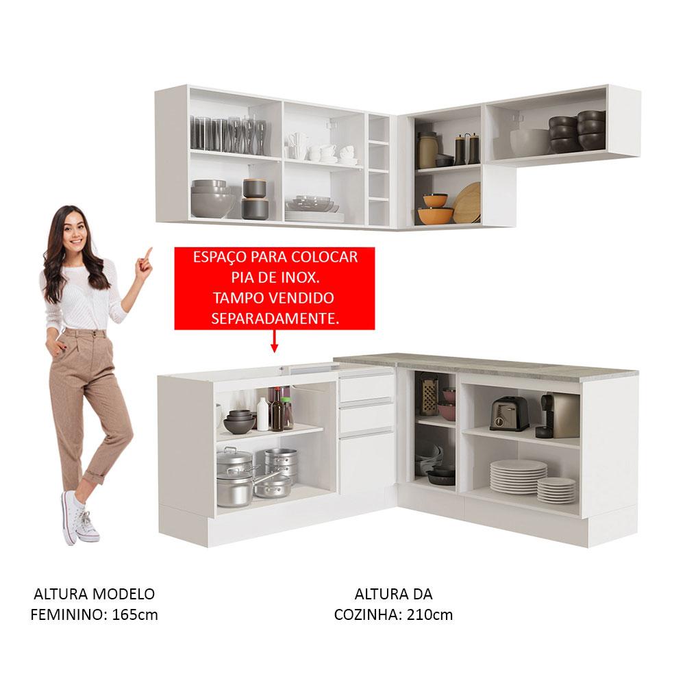 Cozinha Completa de Canto Madesa Glamy 349001 com Armário e Balcão (Sem Tampo) - Branco/Branco/Crema