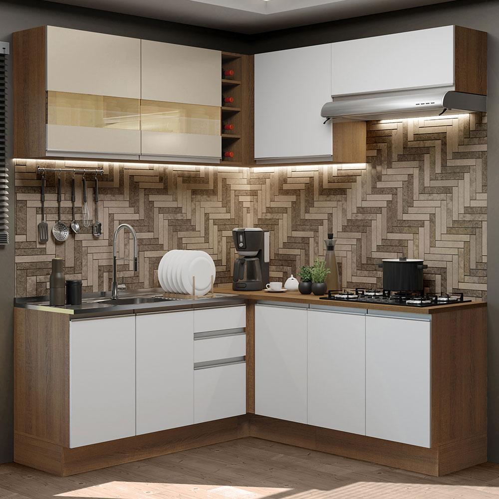 Cozinha Completa de Canto Madesa Glamy 349001 com Armário e Balcão (Sem Tampo) - Rustic/Branco/Crema