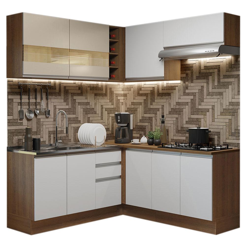 Cozinha Completa de Canto Madesa Glamy 349001 com Armário e Balcão (Sem Tampo) - Rustic/Branco/Crema