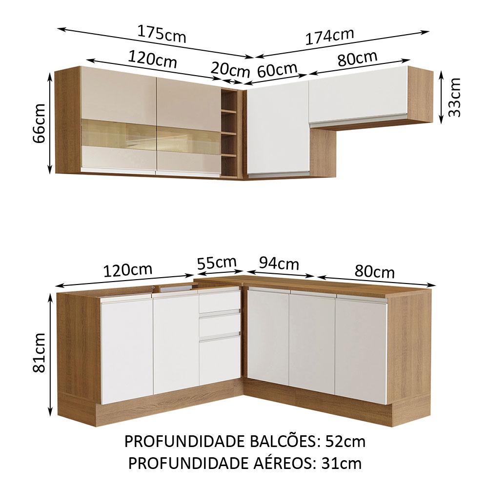 Cozinha Completa de Canto Madesa Glamy 349001 com Armário e Balcão (Sem Tampo) - Rustic/Branco/Crema