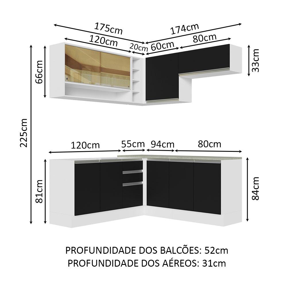 Cozinha Completa de Canto Madesa Glamy 349002 com Armário e Balcão (Sem Tampo e Pia) - Branco/Preto