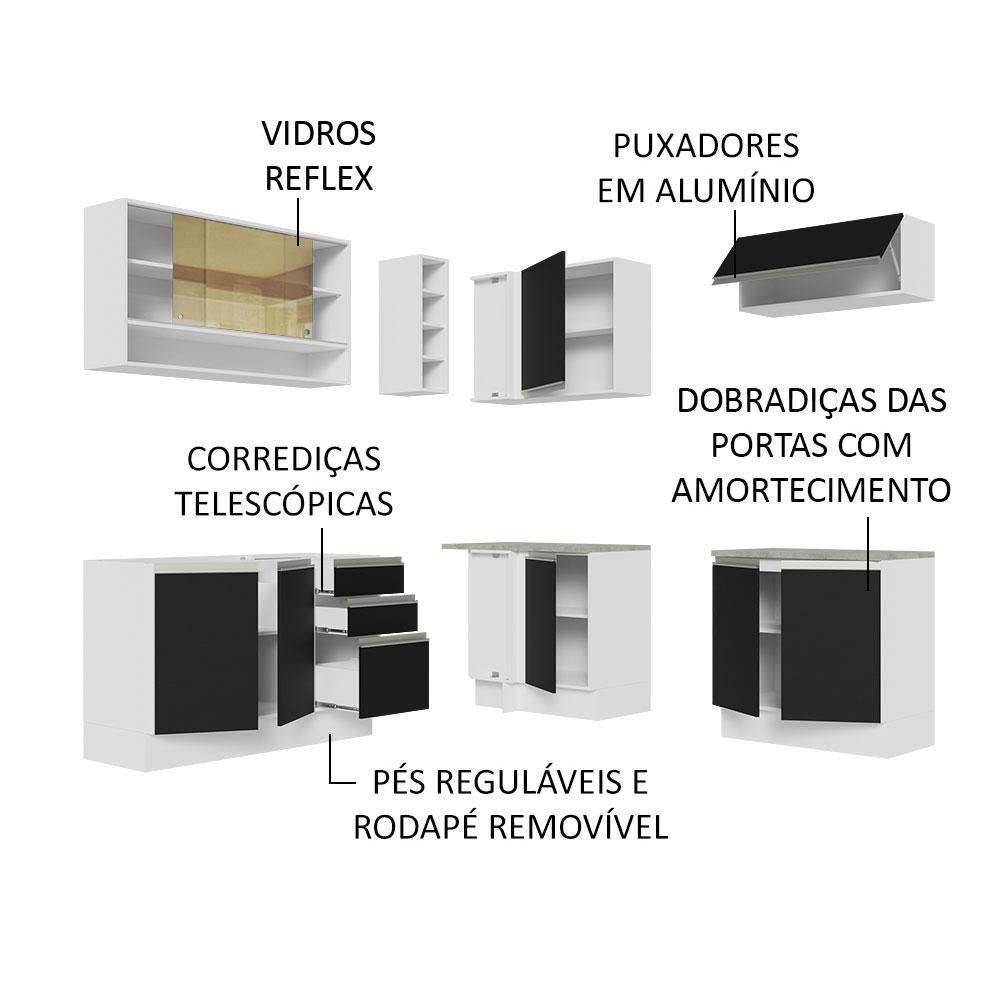 Cozinha Completa de Canto Madesa Glamy 349002 com Armário e Balcão (Sem Tampo e Pia) - Branco/Preto