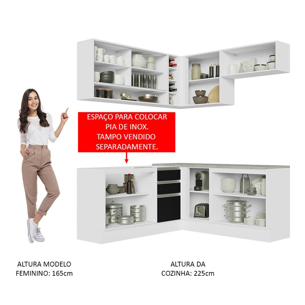 Cozinha Completa de Canto Madesa Glamy 349002 com Armário e Balcão (Sem Tampo e Pia) - Branco/Preto