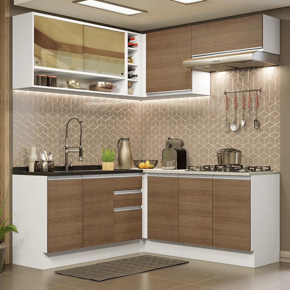 Cozinha Completa de Canto Madesa Glamy 349002 com Armário e Balcão (Sem Tampo e Pia) - Branco/Rustic
