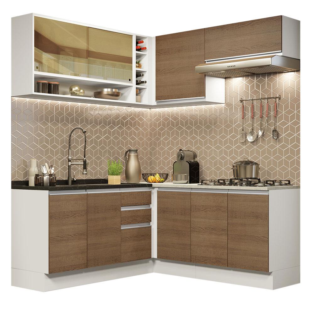 Cozinha Completa de Canto Madesa Glamy 349002 com Armário e Balcão (Sem Tampo e Pia) - Branco/Rustic