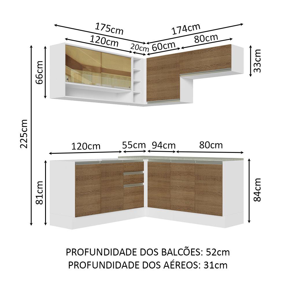 Cozinha Completa de Canto Madesa Glamy 349002 com Armário e Balcão (Sem Tampo e Pia) - Branco/Rustic