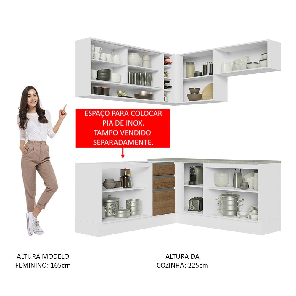 Cozinha Completa de Canto Madesa Glamy 349002 com Armário e Balcão (Sem Tampo e Pia) - Branco/Rustic