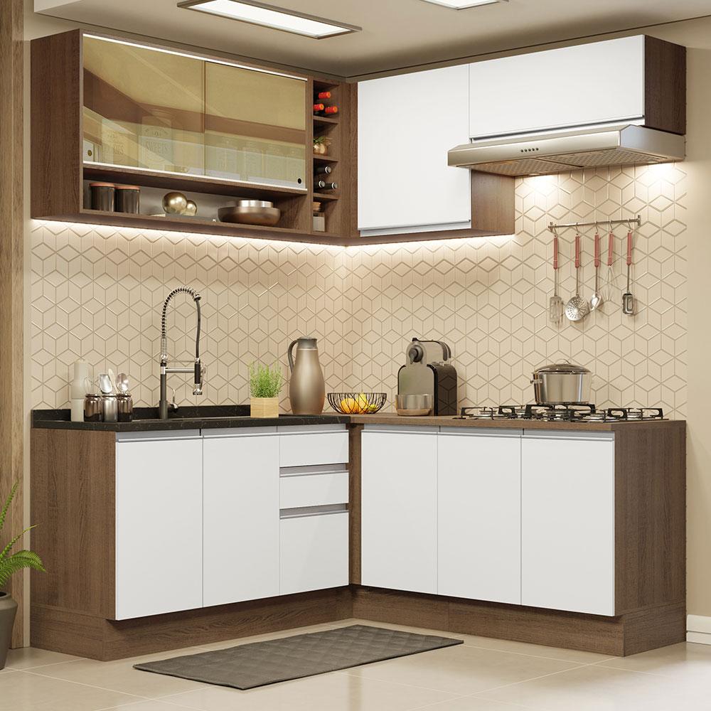 Cozinha Completa de Canto Madesa Glamy 349002 com Armário e Balcão (Sem Tampo e Pia) - Rustic/Branco