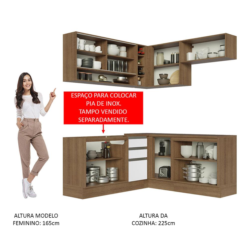 Cozinha Completa de Canto Madesa Glamy 349002 com Armário e Balcão (Sem Tampo e Pia) - Rustic/Branco