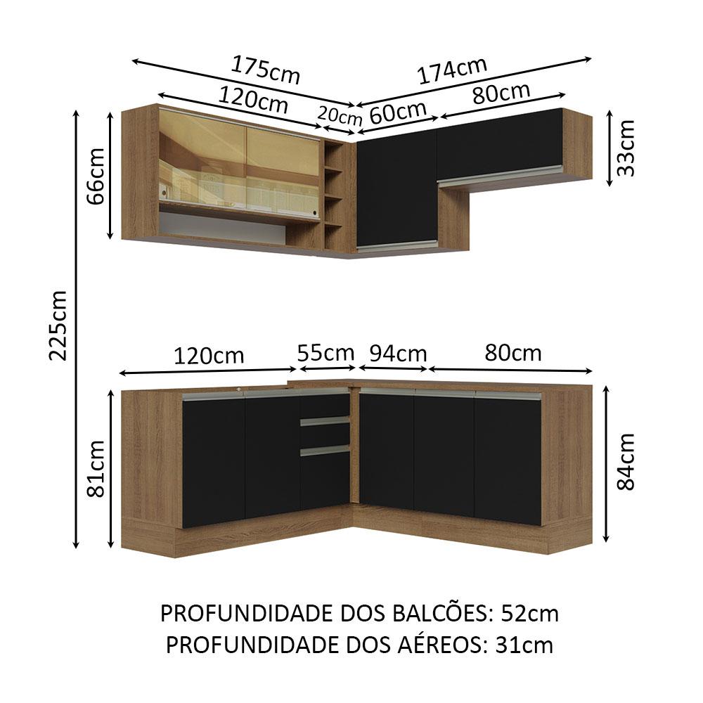 Cozinha Completa de Canto Madesa Glamy 349002 com Armário e Balcão (Sem Tampo e Pia) - Rustic/Preto