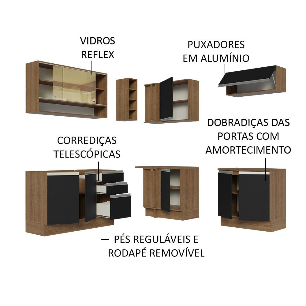 Cozinha Completa de Canto Madesa Glamy 349002 com Armário e Balcão (Sem Tampo e Pia) - Rustic/Preto