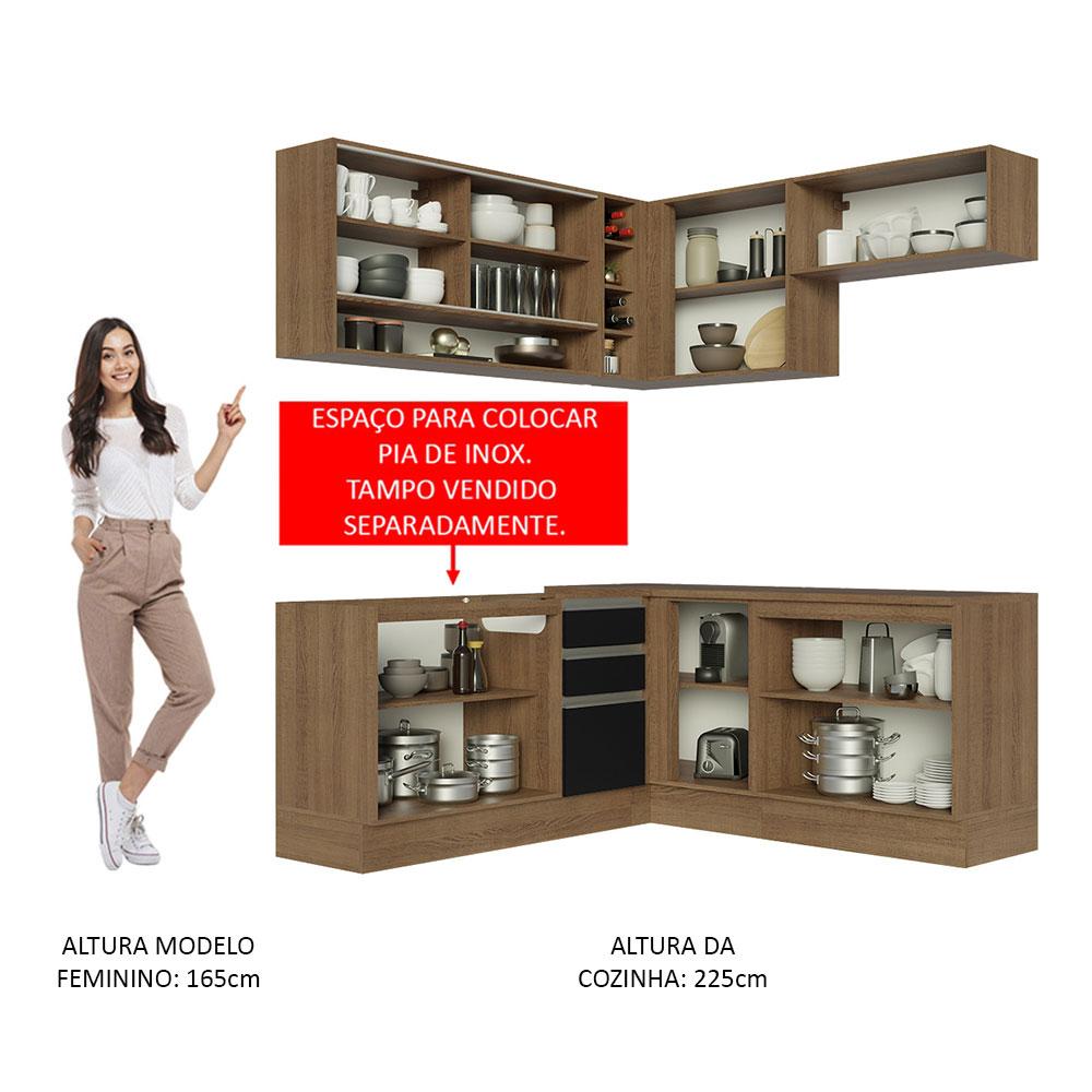 Cozinha Completa de Canto Madesa Glamy 349002 com Armário e Balcão (Sem Tampo e Pia) - Rustic/Preto