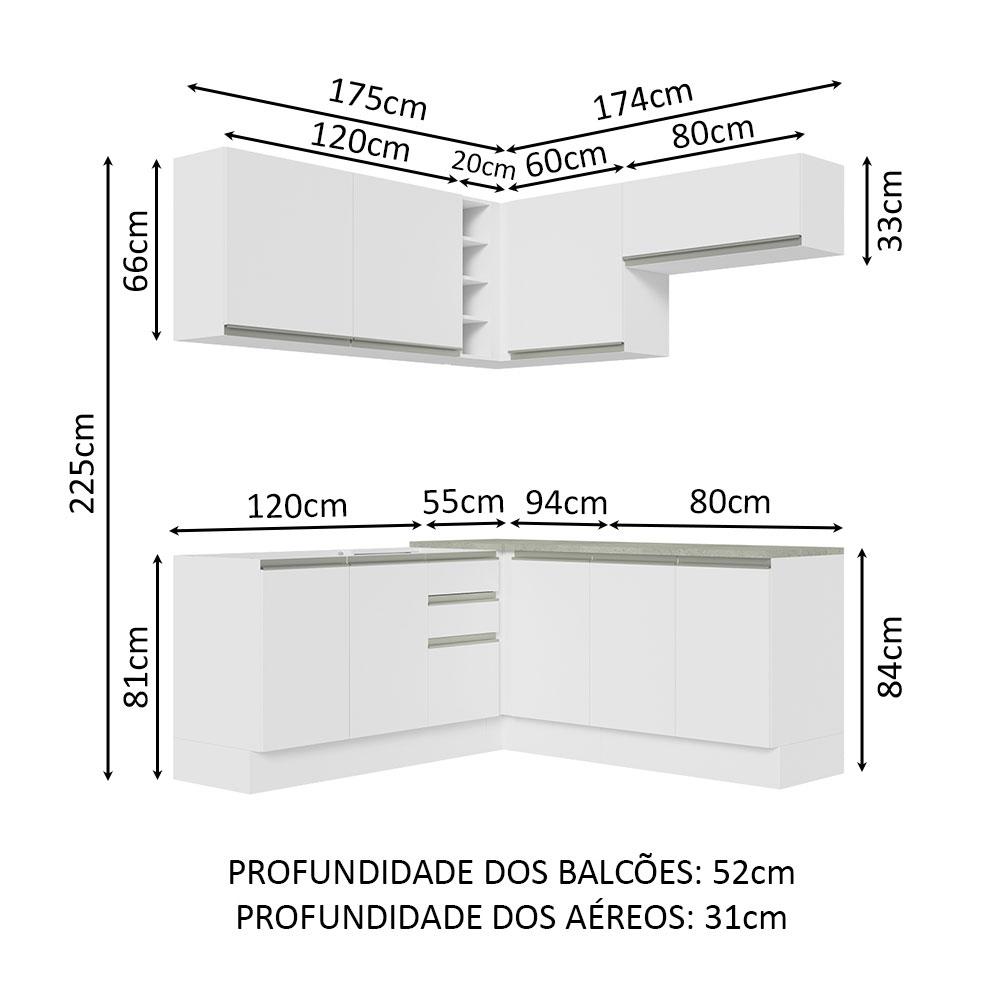 Cozinha Completa de Canto Madesa Glamy 349003 com Armário e Balcão (Sem Tampo e Pia) - Branco