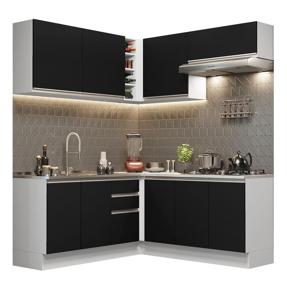 Cozinha Completa de Canto Madesa Glamy 349003 com Armário e Balcão (Sem Tampo e Pia) - Branco/Preto