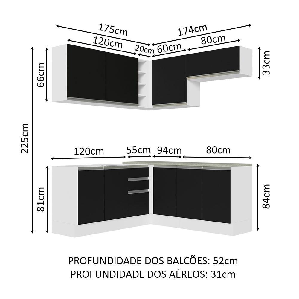 Cozinha Completa de Canto Madesa Glamy 349003 com Armário e Balcão (Sem Tampo e Pia) - Branco/Preto