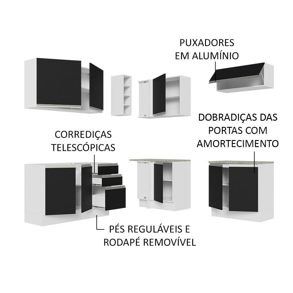 Cozinha Completa de Canto Madesa Glamy 349003 com Armário e Balcão (Sem Tampo e Pia) - Branco/Preto