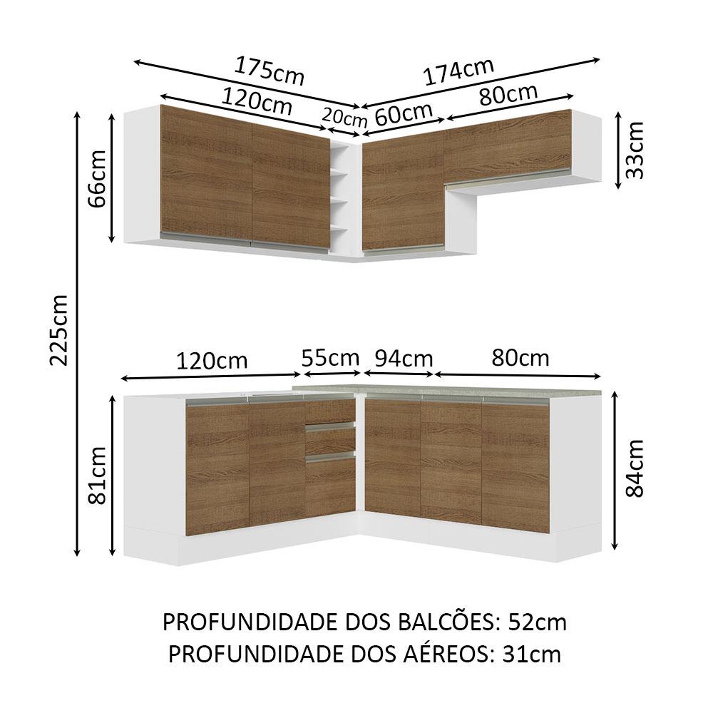 Cozinha Completa de Canto Madesa Glamy 349003 com Armário e Balcão (Sem Tampo e Pia) - Branco/Rustic